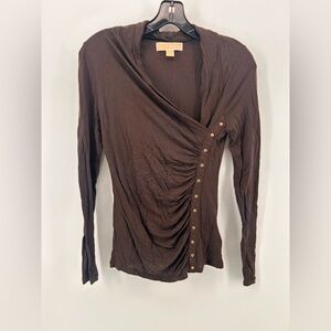 Michael kors mk brown jersey asymmetrical neck l/s top with gold rivets size s